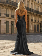 Yellow Beaded Halter Corset Prom Dress with High Slit