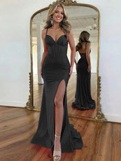 Hot Pink Lace-Up Back Corset Shimmer Prom Dresses with Slit