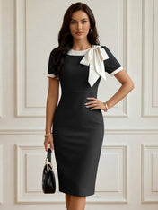 Powder Blue Bow Short Sleeve Sheath Midi Dress Gown