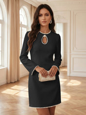 White Pearl Hollow Out Classic Crew Neck Long Sleeve Shift Mini Dress Gown