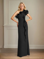 Navy Stretch Crepe Sheath/Column One Shoulder Floor Length Mother of the Bride Dresses With Ruffles