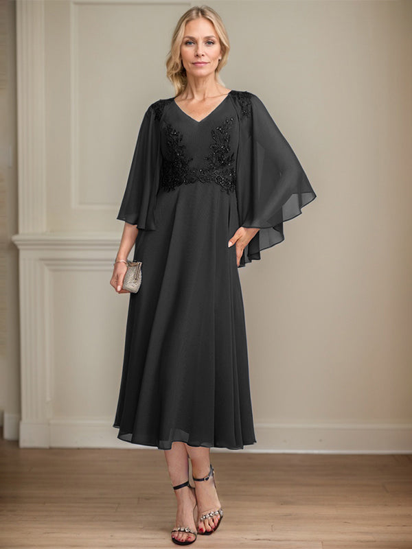 A-line V-Neck Tea-Length Chiffon Lace Mother of the Bride Dress With Beading Sequins