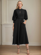 A-line High Neck Tea-Length Lace Chiffon Mother of the Bride Dress With Bow