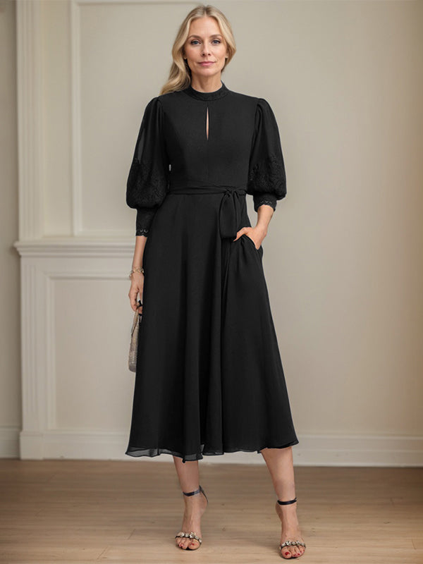 A-line High Neck Tea-Length Lace Chiffon Mother of the Bride Dress With Bow