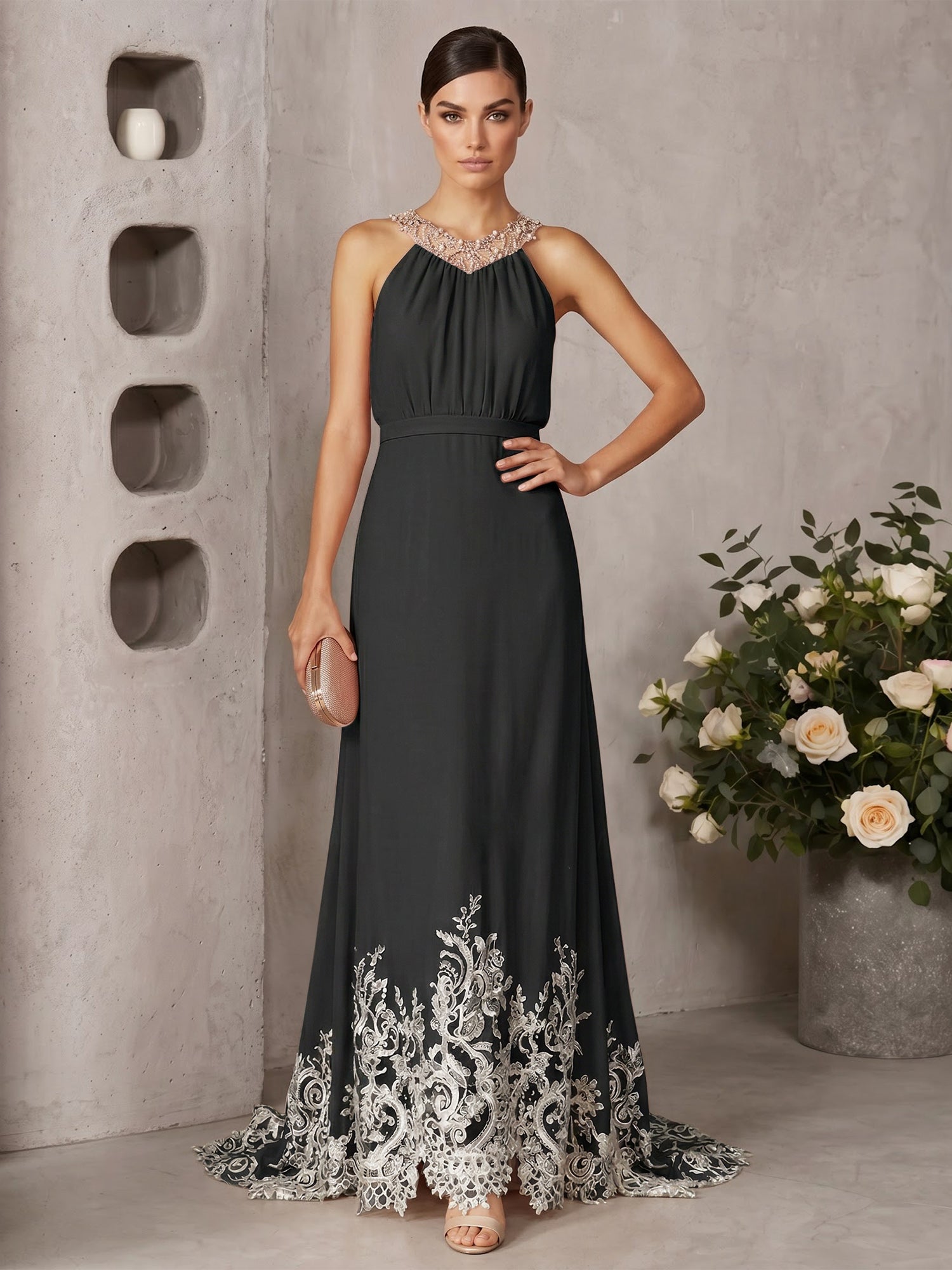 Pink Beaded Ruched Chiffon Halter Sleeveless A-Line Gown Maxi Dress