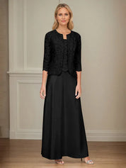 Robe veste en dentelle pailletée et jupe en satin avec veste ouverte 