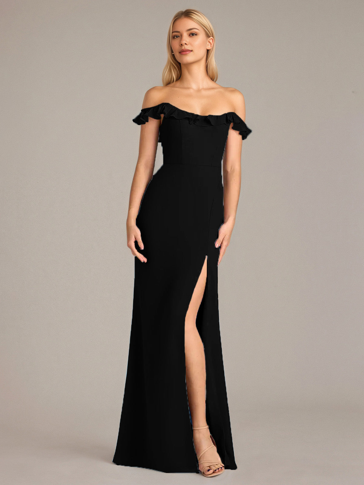 Column Chiffon Off The Shoulder Sleeveless Floor Length Dresses With Ruffles