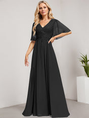 A-line V-Neck Floor-Length Lace Chiffon Mother of the Bride Dress With Sequins