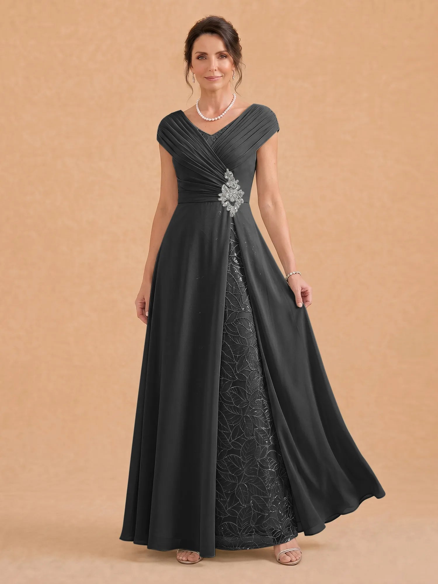 V-Neck Ruched Chiffon A-Line Mother of the Bride Dress with Crystal Brooch