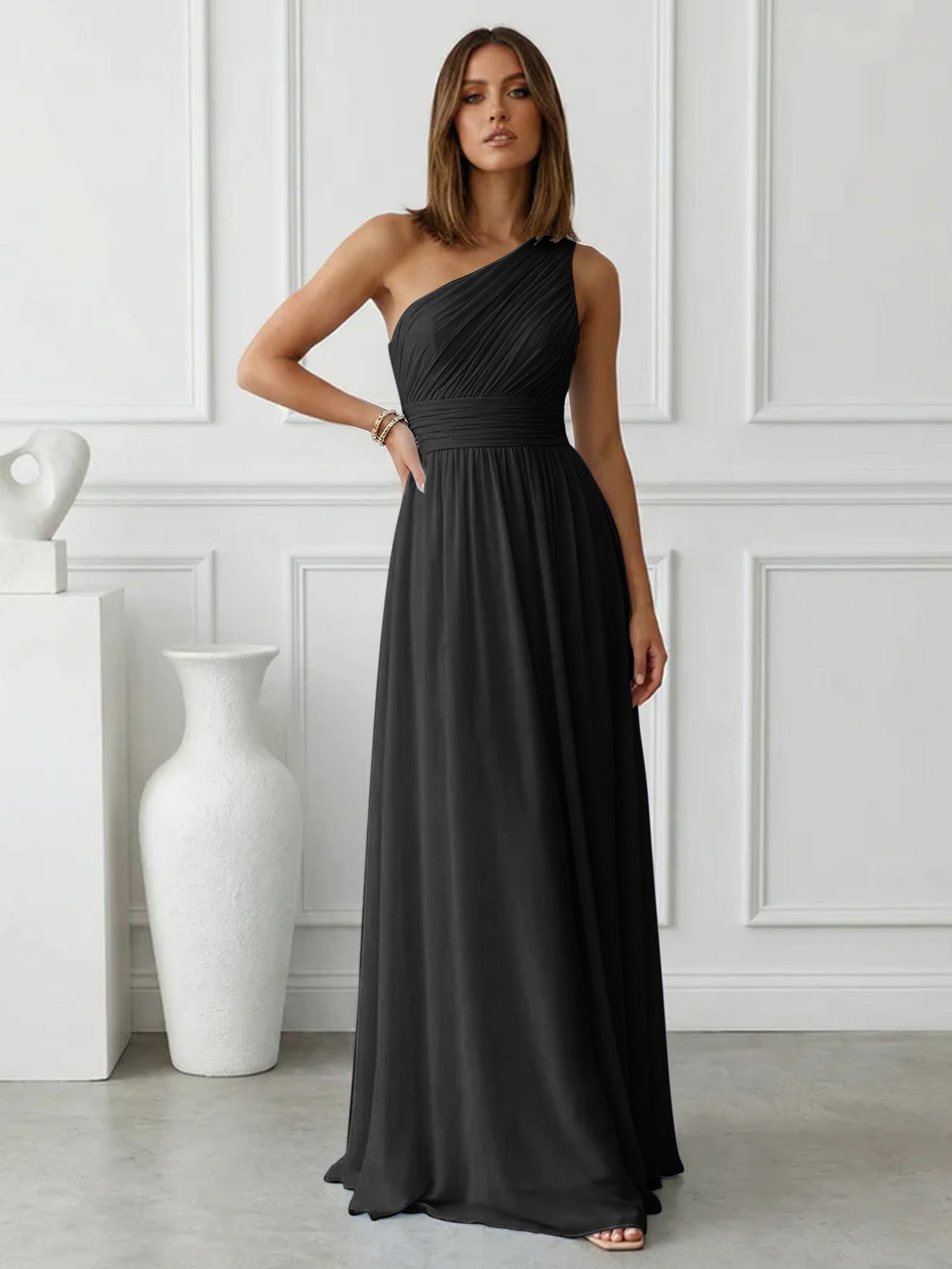 Timeless Light Blue One-Shoulder Maxi Dress Ruched Chiffon Gown