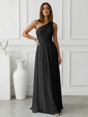 Timeless Light Blue One-Shoulder Maxi Dress Ruched Chiffon Gown