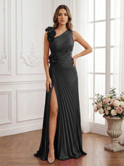 Olive Green Pleated One-Shoulder Prom Dress with 3D Rosettes