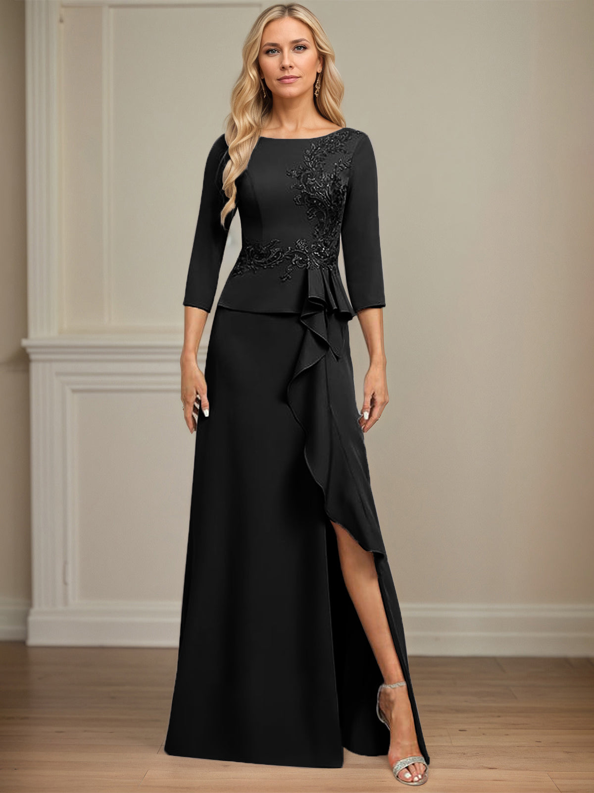 Column Scoop Floor-Length Stretch Crepe Dress With Cascading Ruffles Appliques