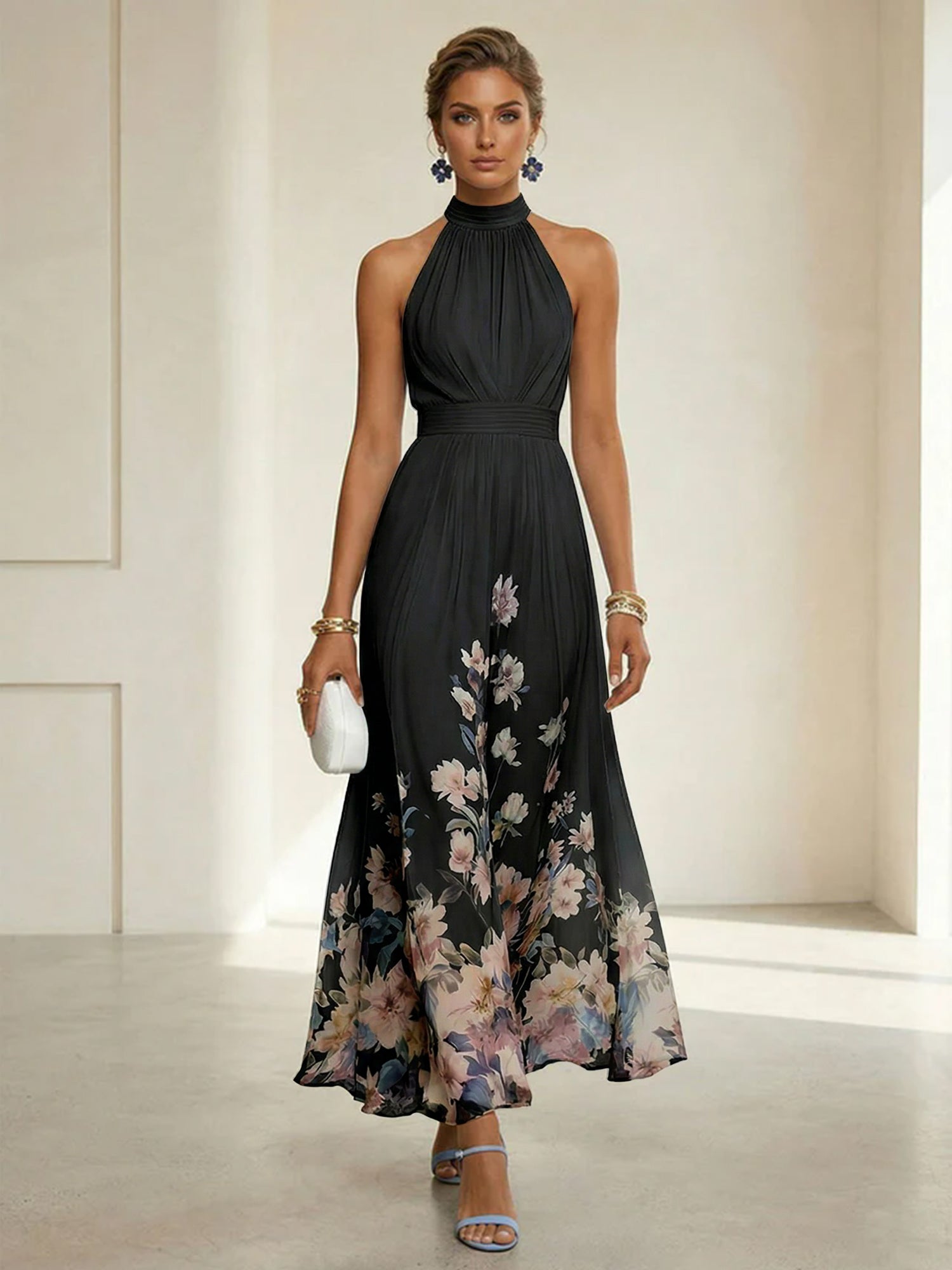 Light Blue Floral Chiffon Halter Sleeveless A-Line Maxi Dress Gown