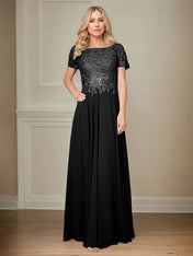 A Line Chiffon Boat Neck Short Sleeves Floor Length Pleated Mother of the Bride Dresses