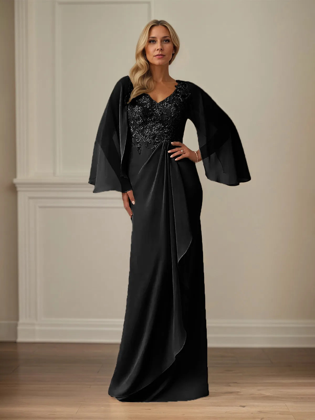 Column Chiffon V Neck Long Sleeves Floor Length Mother of the Bride Dresses With Appliques