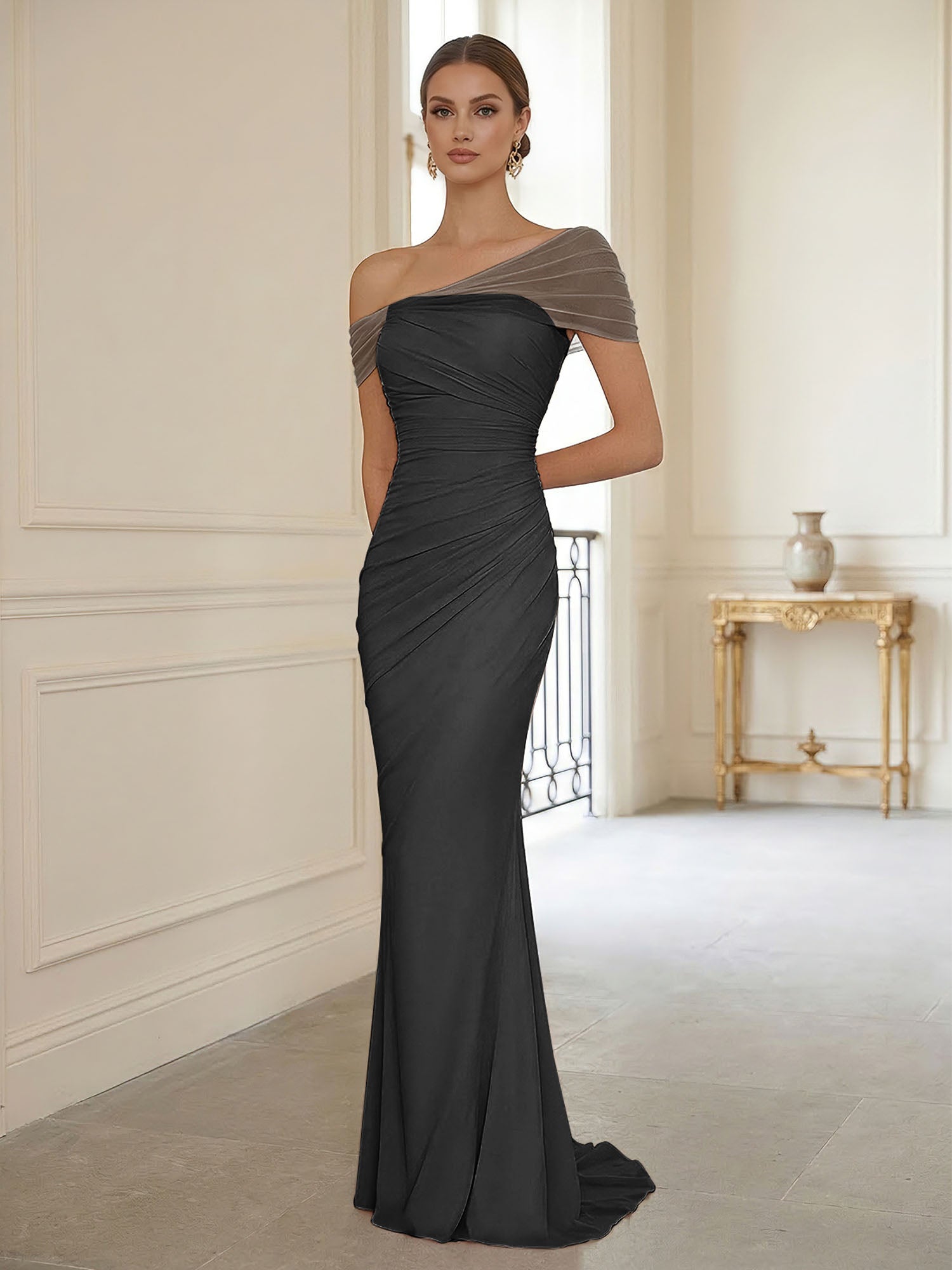 Sophisticated Blush Pink Asymmetrical Ruched Maxi Dress Evening Gown