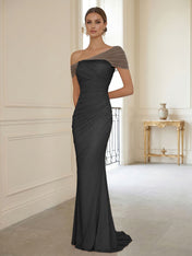 Sophisticated Blush Pink Asymmetrical Ruched Maxi Dress Evening Gown