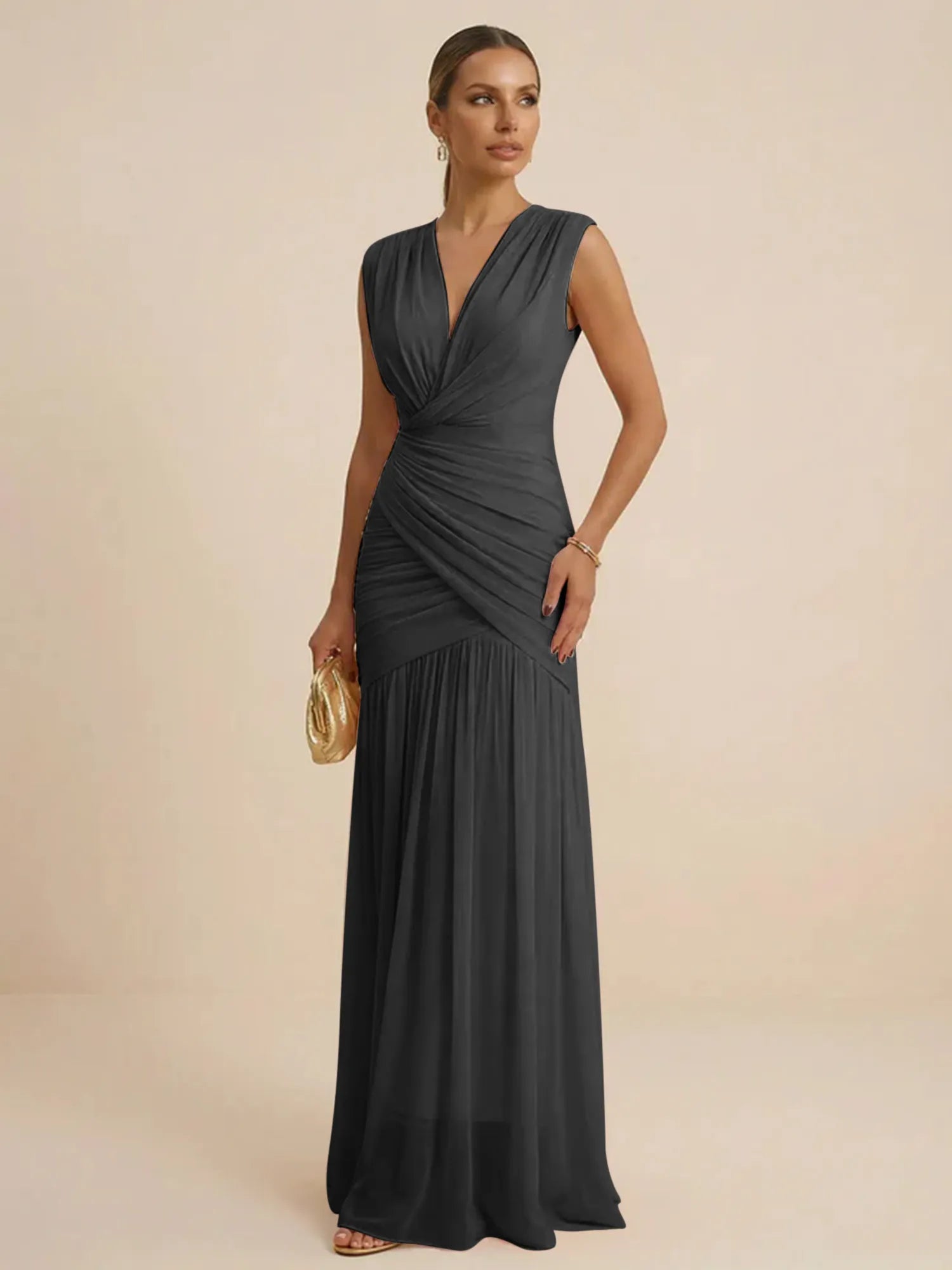 Pink Regular Straps V Neck Chiffon Pleat Mermaid Maxi Dress