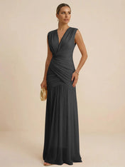 Pink Regular Straps V Neck Chiffon Pleat Mermaid Maxi Dress