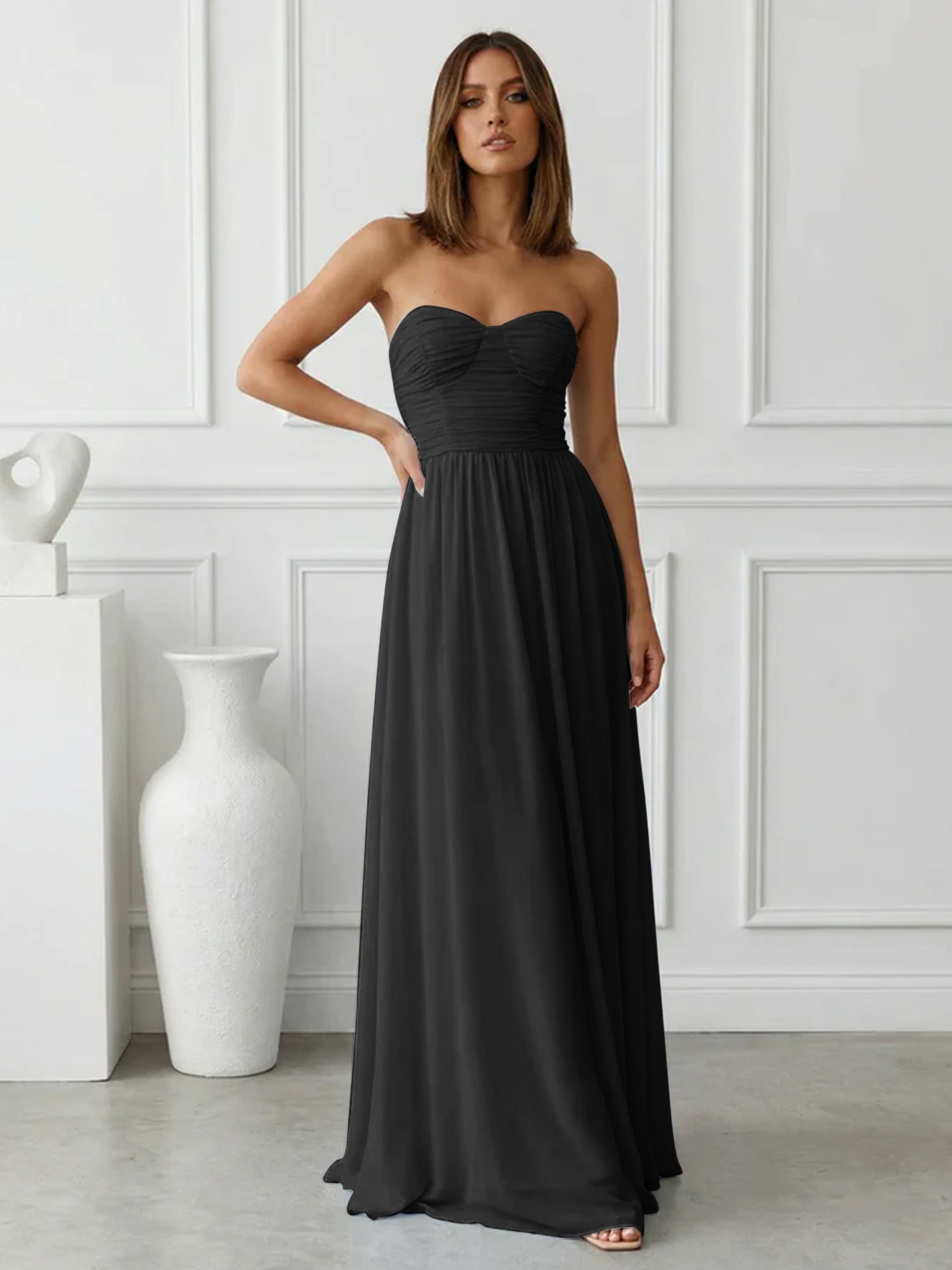 Light Blue Sweetheart Chiffon A Line Maxi Dress with Pleat