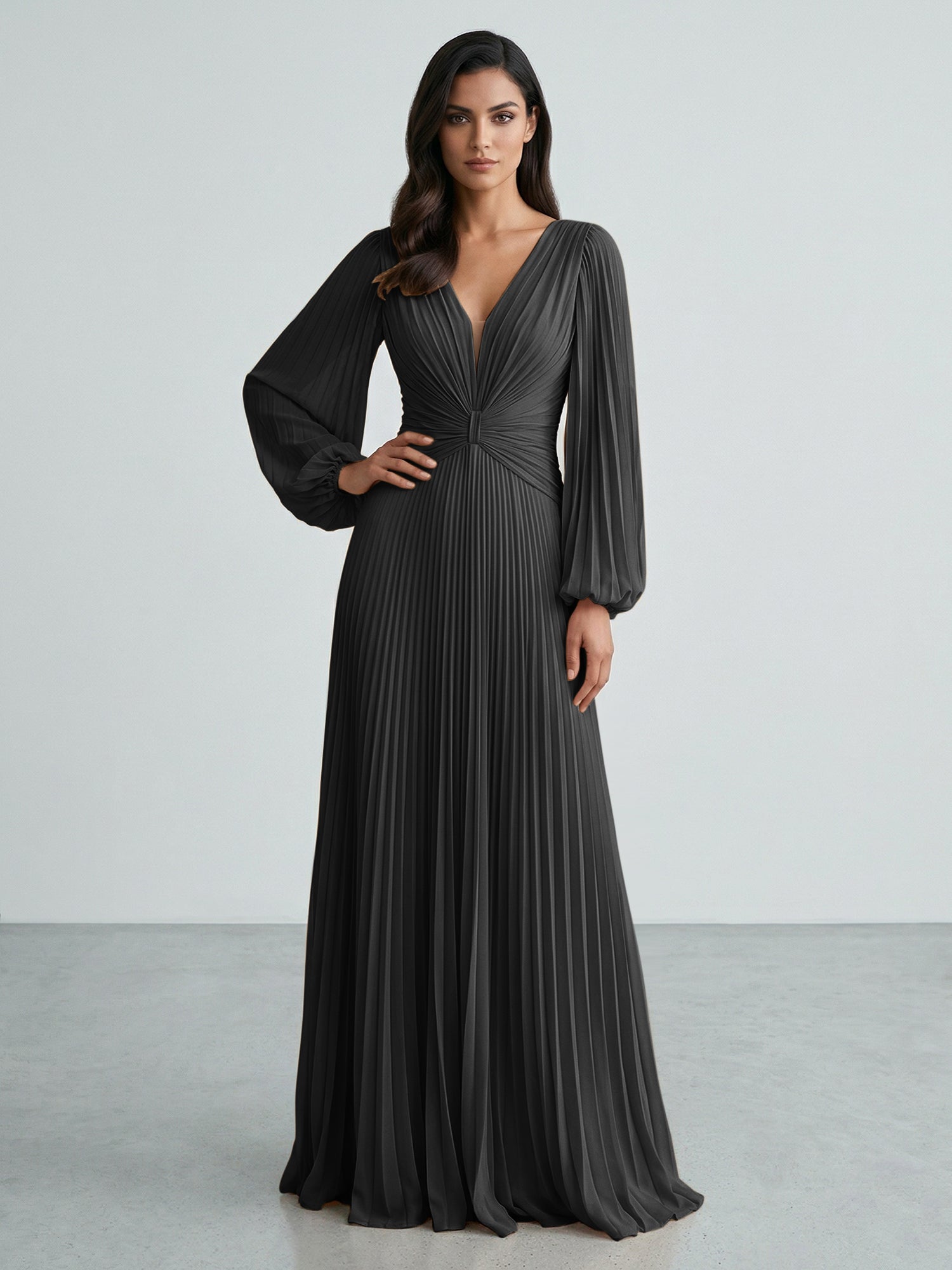 Slate Blue Plunging V-Neck Pleated Long Sleeve Maxi Dress Gown