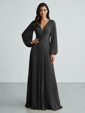 Slate Blue Plunging V-Neck Pleated Long Sleeve Maxi Dress Gown