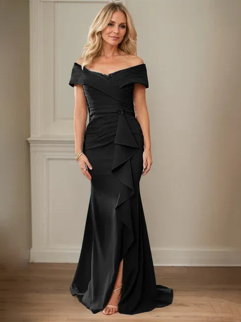 Column V-Neck Illusion Floor-Length Lace Chiffon Mother of the Bride Dress With Pleated Sequins