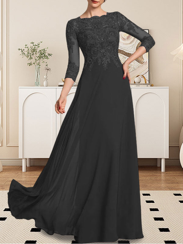 A-line Scoop Floor-Length Lace Chiffon Mother of the Bride Dress With Sequins