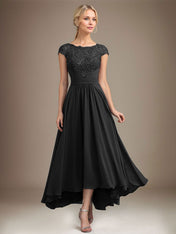 A-line Scoop Illusion Asymmetrical Lace Chiffon Mother of the Bride Dress With Pleated