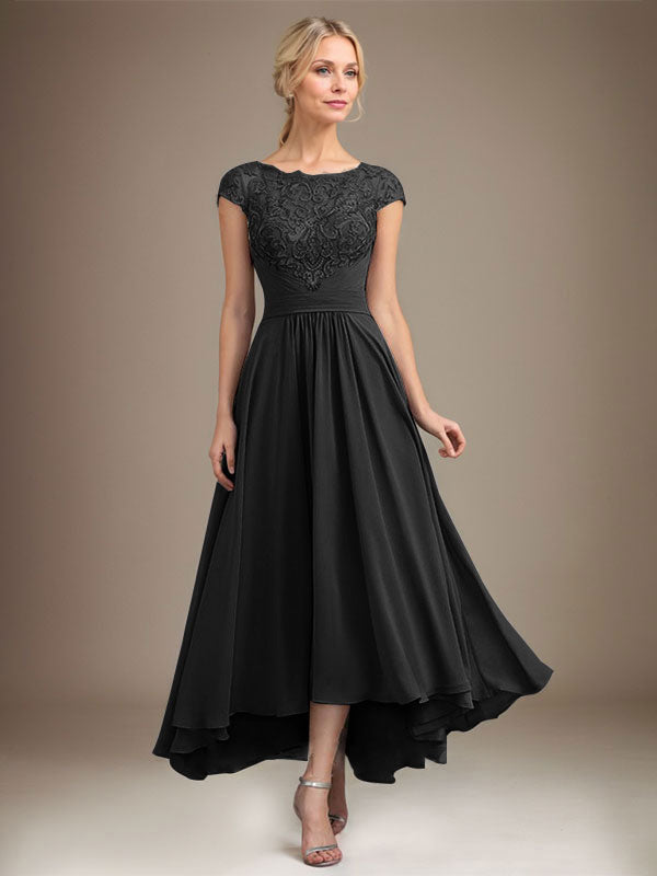 A-line Scoop Illusion Asymmetrical Lace Chiffon Mother of the Bride Dress With Pleated