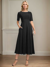 A-line Scoop Tea-Length Chiffon Mother of the Bride Dress With Appliques Lace Sequins