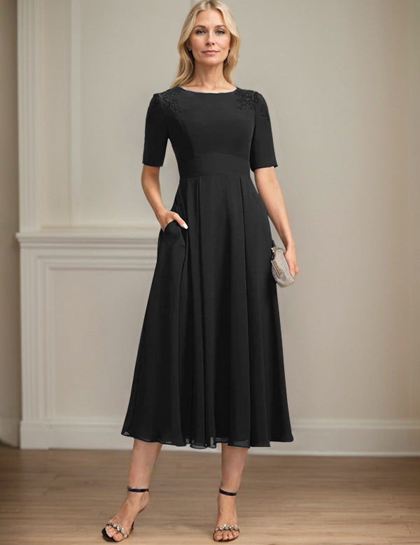 A-line Scoop Tea-Length Chiffon Mother of the Bride Dress With Appliques Lace Sequins