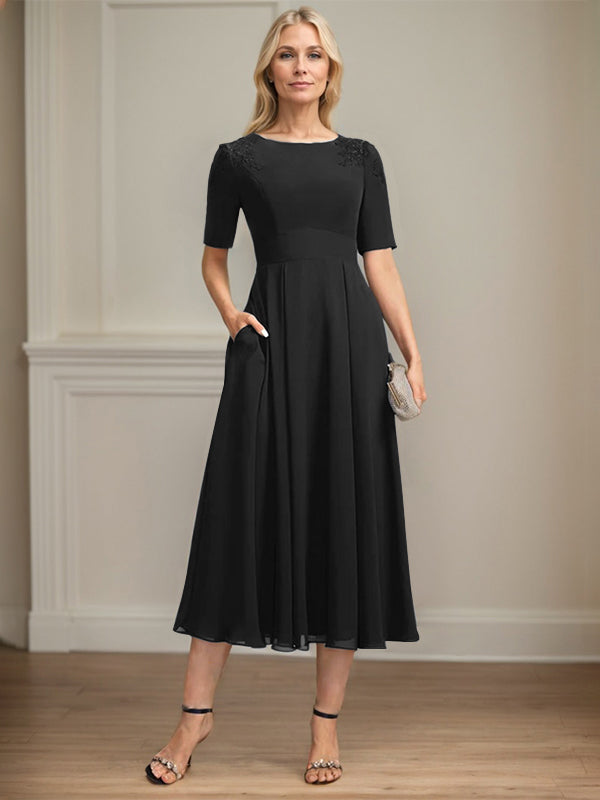 A-line Scoop Tea-Length Chiffon Mother of the Bride Dress With Appliques Lace Sequins