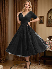 A-line V-Neck Tea-Length Tulle Lace Mother of the Bride Dress With Pleated