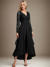 A-line V-Neck Asymmetrical Lace Chiffon Mother of the Bride Dress