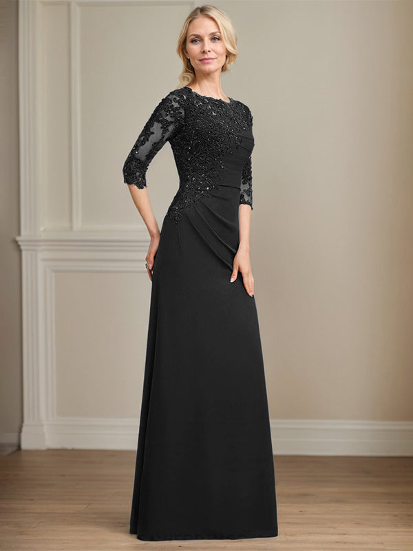 A-line Scoop Floor-Length Chiffon Lace Mother of the Bride Dress With Beading Pleated Sequins