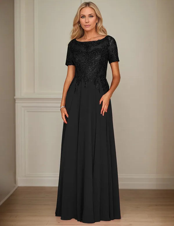 A Line Chiffon Boat Neck Short Sleeves Floor Length Mother of the Bride Dresses