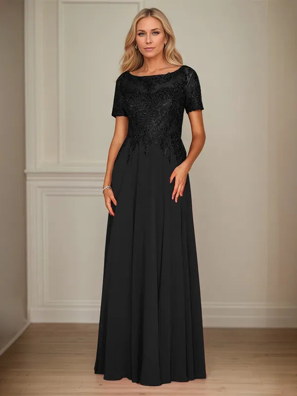A Line Chiffon Boat Neck Short Sleeves Floor Length Mother of the Bride Dresses
