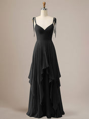 Elegant Dusty Blue A Line Spaghetti Straps Chiffon Long Bridesmaid Dress with Ruffles