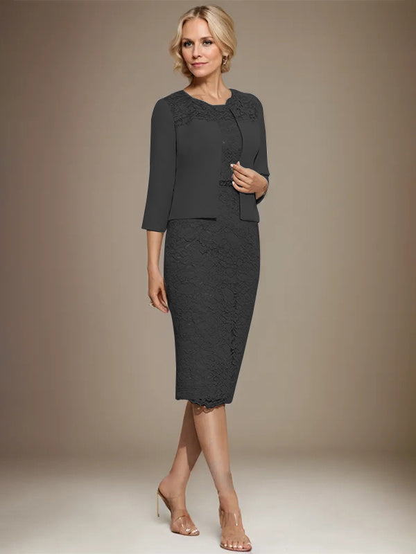 Column Scoop Knee-Length Chiffon Lace Mother of the Bride Dress With Beading