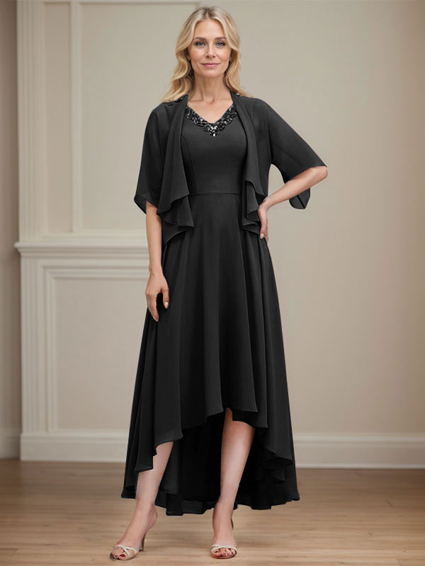 A-line V-Neck Asymmetrical Chiffon Mother of the Bride Dress With Beading Sequins