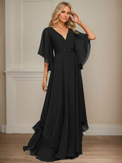 A-line V-Neck Floor-Length Chiffon Mother of the Bride Dress With Sequins Appliques Lace Beading