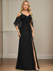 Sheath/Column Cold Shoulder V-Neck Floor-Length Chiffon Dress With Cascading Ruffles Sequins Beading