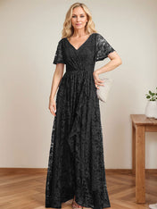 A-Line V-Neck Asymmetrical Lace Mother of the Bride Dress With Cascading Ruffles
