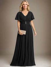 A-line V-Neck Floor-Length Chiffon Mother of the Bride Dress With Crystal Brooch Pleated