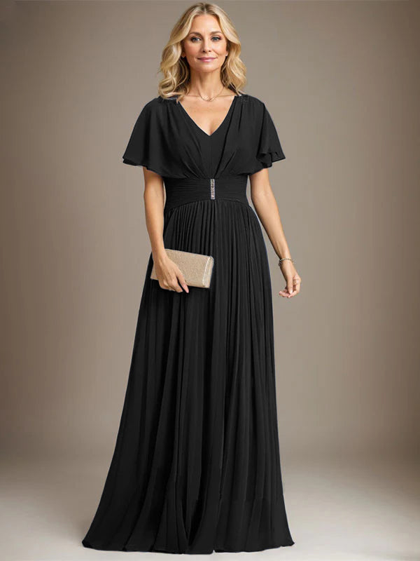 A-line V-Neck Floor-Length Chiffon Mother of the Bride Dress With Crystal Brooch Pleated