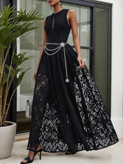 Midnight Black Lace Hollow Out Crew Neck Sleeveless A-Line Maxi Dress