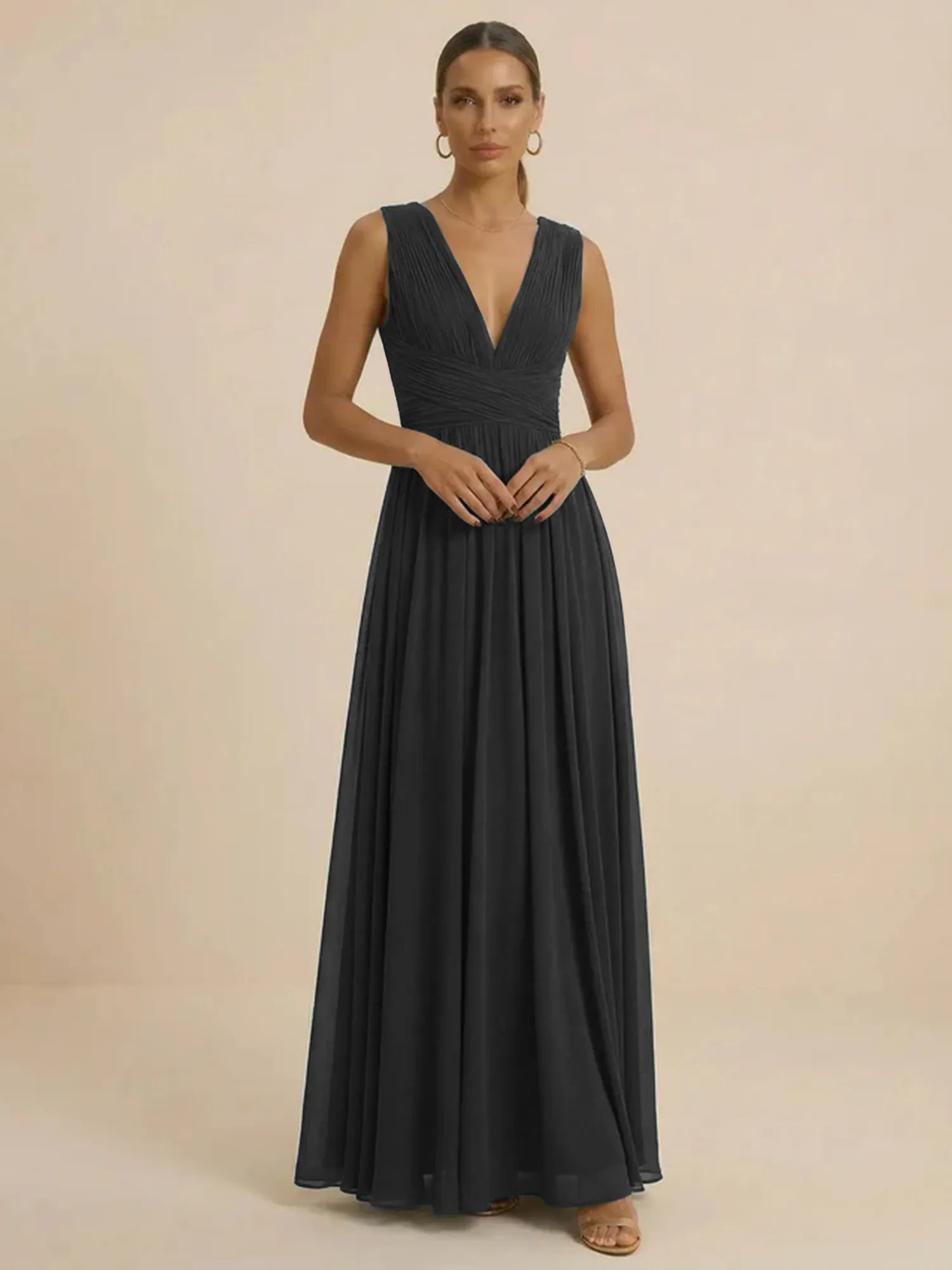 Teal Pleated V-Neck Chiffon Evening Gown with Ruched