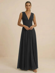 Teal Pleated V-Neck Chiffon Evening Gown with Ruched